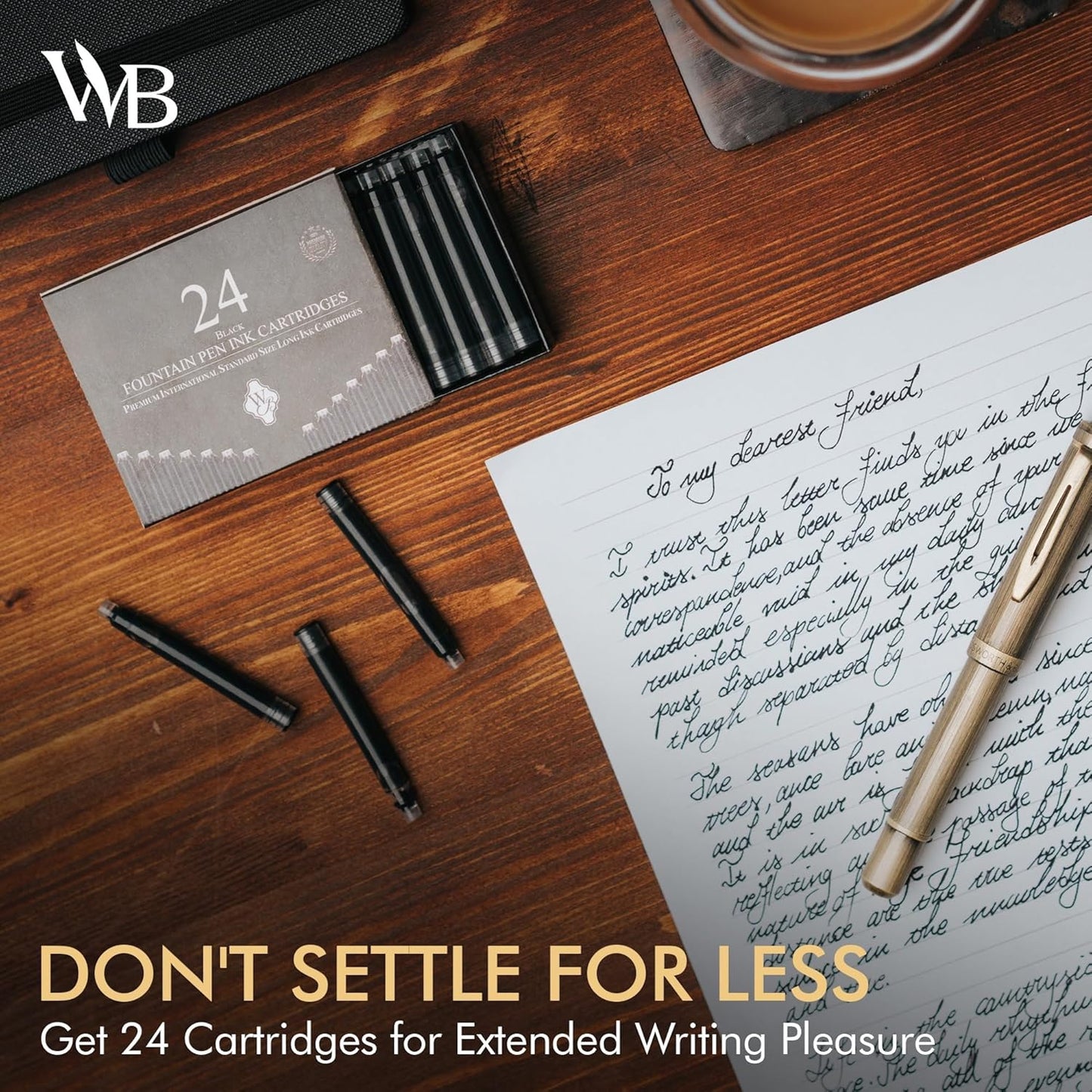 Wordsworth & Black 24 Pack Fountain Pen Ink Refills - SET OF 24 BLACK Ink Cartridges - International Standard Size - Length Appr 1.5" - Base Diameter Appr 0.24" - Disposable and Generic