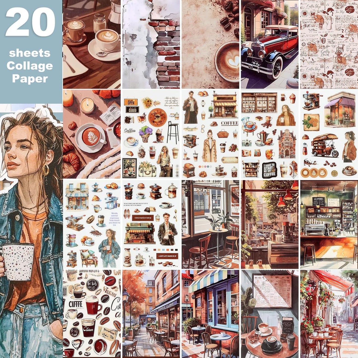 Scrapbooking Stickers - 500 Pre-Cut Washi Stickers & 20 Scrapbook Papers Coffee and People Sticker Books for journaling Scrapbooking Supplies