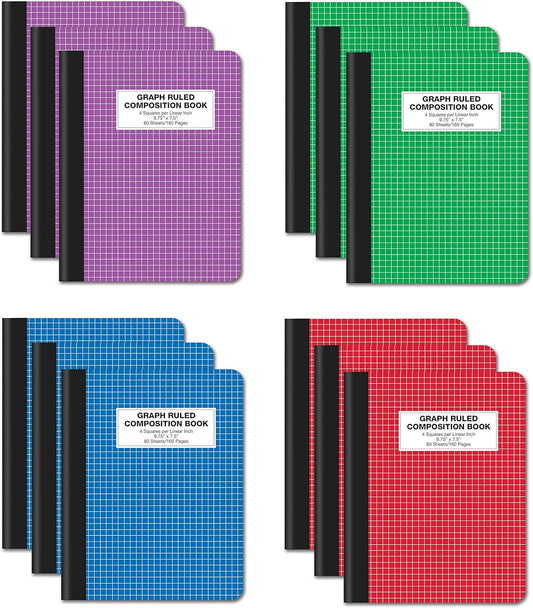 Better Office Products Quad Ruled Composition Book Notebook, 12 Pack, Hardcover 4x4 Graph Ruled Paper, 80 Sheets, 9.75" x 7.5", Assorted Color Covers, 12 Pack