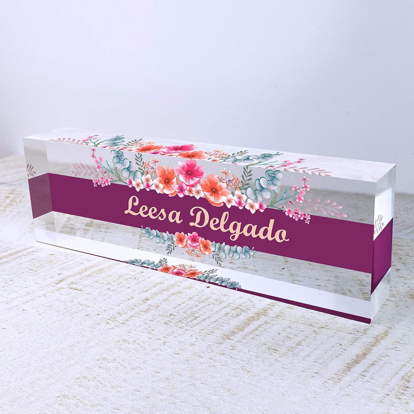 Artblox Office Desk Name Plate Personalized | Custom Name Plates for Desks | Wild Flowers Design On Clear Acrylic Glass | Office Desk Decor - (8" x 2.5")
