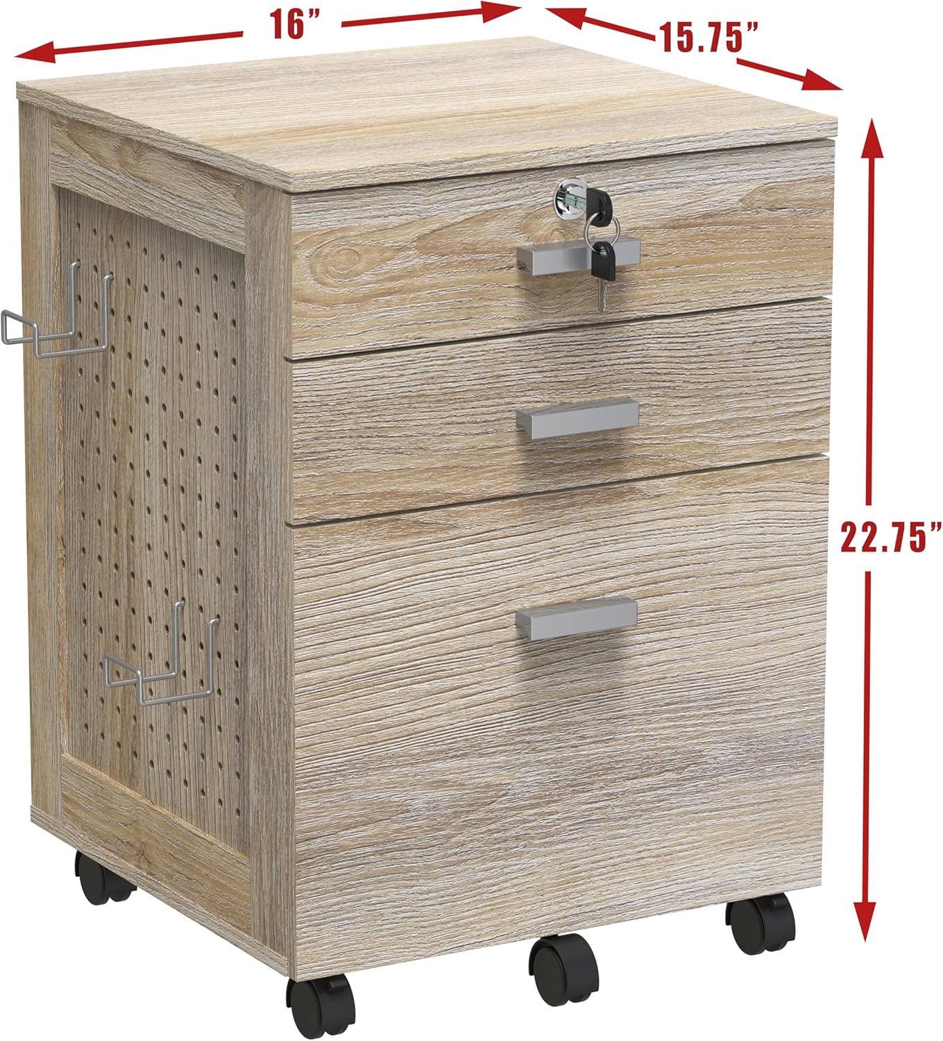 SHW Box Box File Rolling Mobile Cabinet with Side Pegboard and One Lockable Drawer, Maple