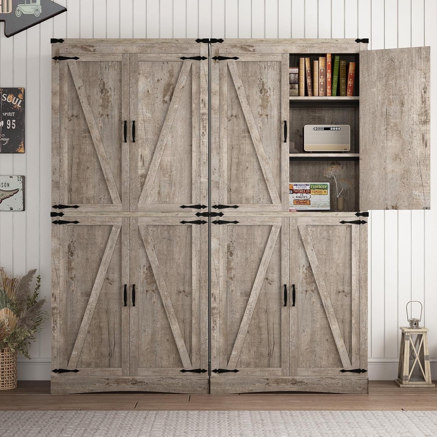 71in Farmhouse Kitchen Pantry Cabinet,Tall Storage Cabinet with 4 Doors and Adjustable shelves,with Load-Bearing Steel Pipe,Wood Storage Cabinets for Kitchen,Dining Room,Bathroom(Light Rustic Oak)