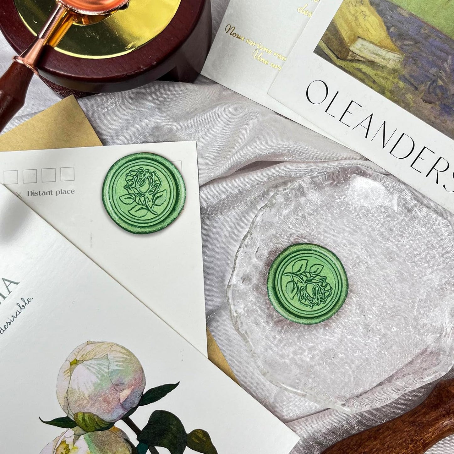 50Pcs Wax Seal Stickers Handmade Envelope Seals Self Adhesive Wax Stickers for Wedding Party Invitations, Envelope, Gift Wrap, Christmas(Rose Style, Green)