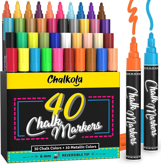 Chalkola Chalk Markers - Pack of 40 (Neon, Pastel & Metallic) Liquid Chalk Pens - For Chalkboard, Blackboard, Window, Labels, Bistro, Glass, Car, Board - Wet Wipe Erasable Ink - 6mm Reversible Tip