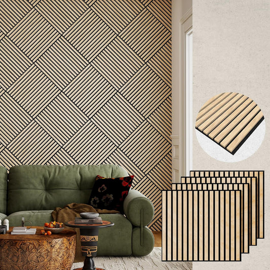 MISSDAY Wood Slat Acoustic Wall Panels, 4 Packs 23.6" x 23.6" Oak Soundproof Panel For Interior Wall Decor Noise Absorbing-3D Textured Wooden Panel Sound-Absorbing for Home, Office, Studio