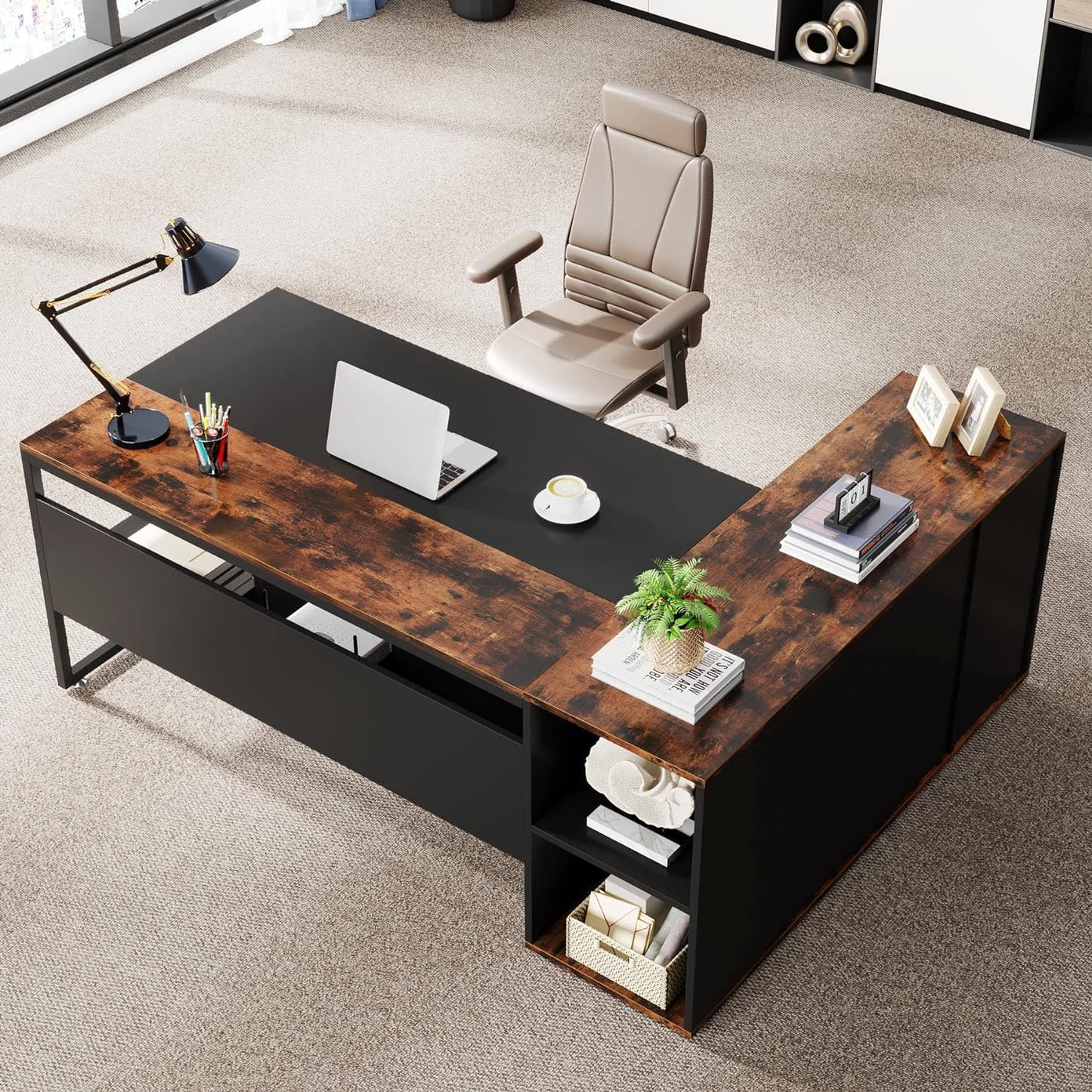 Tribesigns 71 inch Executive Desk, L Shaped Desk with Cabinet Storage, Executive Office Desk with Shelves, Business Furniture Workstation for Home Office, Brown and Black