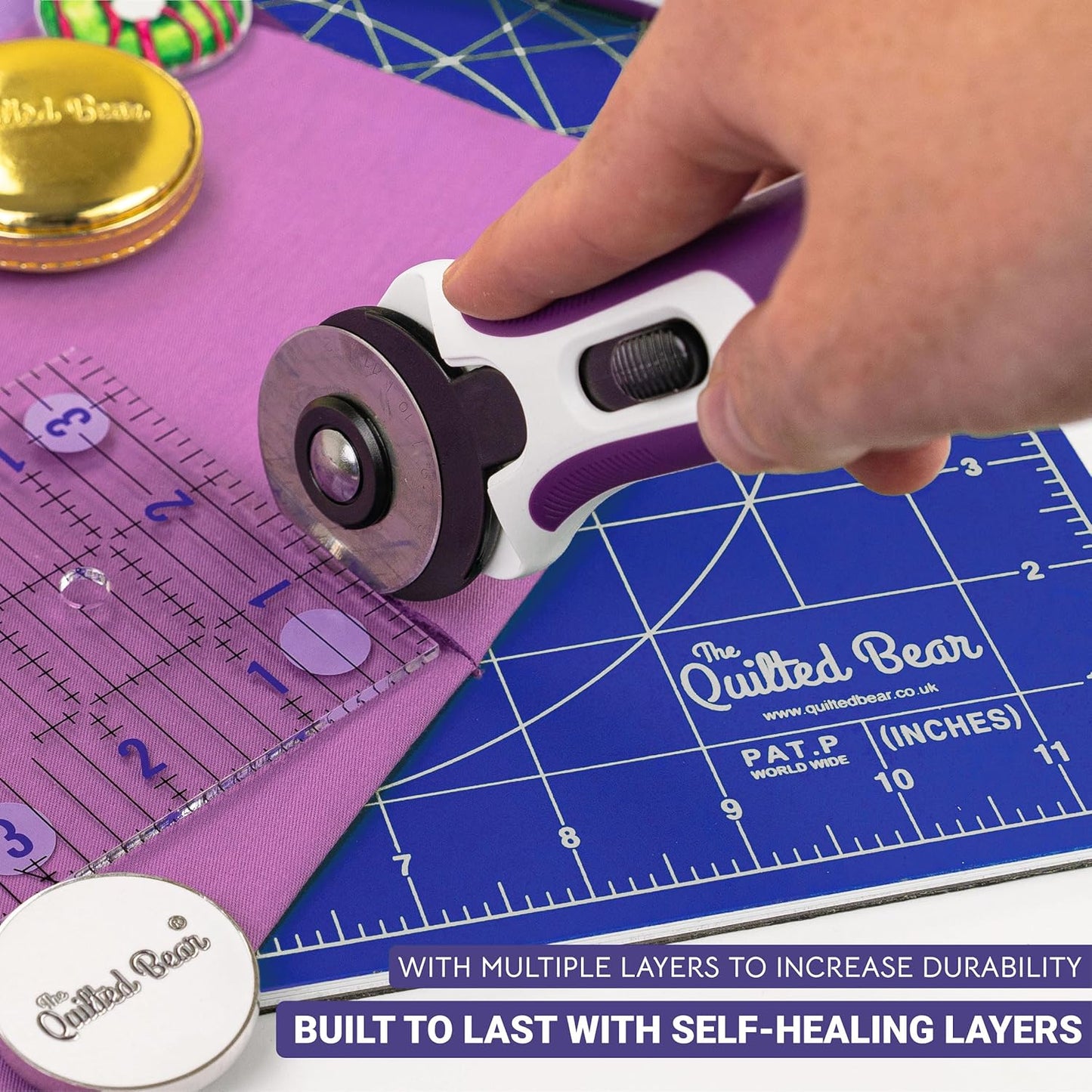 The Quilted Bear Rotating Cutting Mat 12" x 12" - Locking & Rotating Self Healing Cutting Board for Sewing, Fabric & Quilting - 360 Degree Sewing Supplies Mat for Craft Table (Blue)