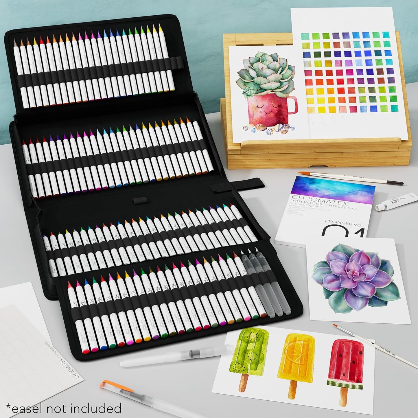 CHROMATEK 108 Watercolor Pens Set | Including 15 Page Pad & Online Video Tutorial Series | 5 Aquapens & 100 Unique Colors | Real Brush Pens | Easily Blendable, Vivid and Smooth