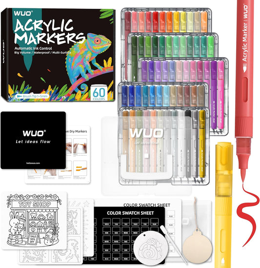 WUO 60 Colors Acrylic Paint Markers (2 Metallic), Automatic Ink Control Brush Tip for Multi-Surface, Water-Based No-Bleed Markers Acrylic Paint Pens for Rock Painting, Wood, Canvas, Glass, DIY Crafts