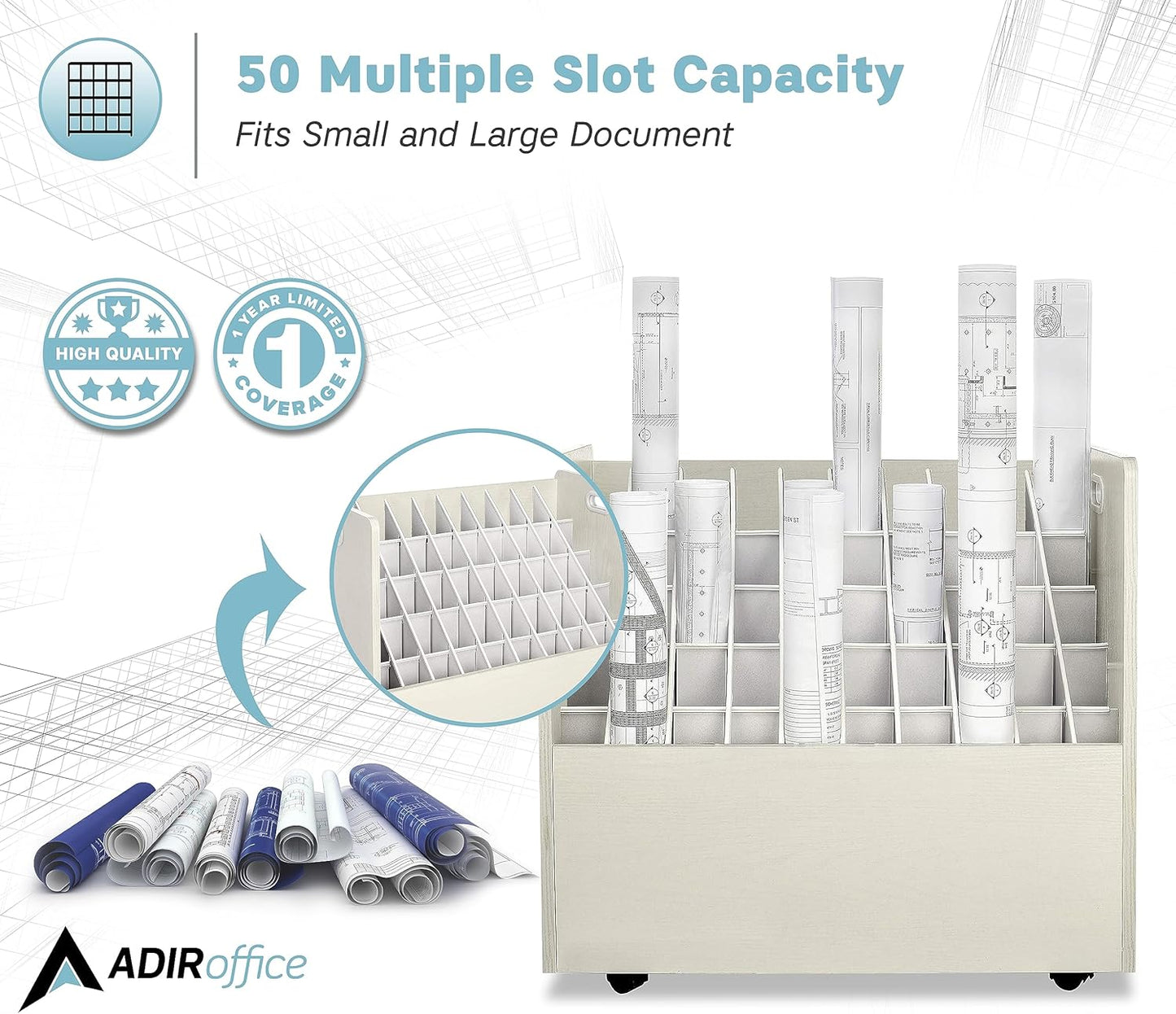 Adir Blue Print Storage Organizer - Mobile Roll File Cart, Construction Plan Holders, Blueprint Cabinet with Wheels, Roll Files Storage for Office and Home (50 Slots, White)