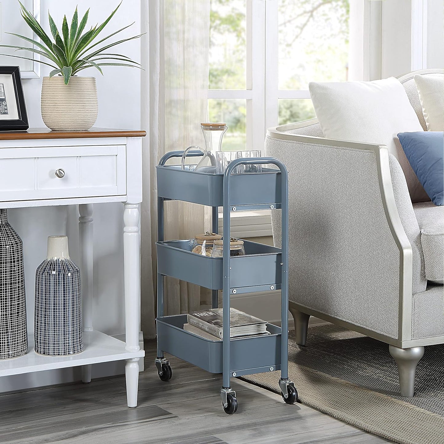 SunnyPoint 3-Tier Delicate Compact Rolling Metal Storage Organizer - Mobile Utility Cart Kitchen/Under Desk Cart with Caster Wheels - Blue (15.35" X 10.24" X 26.8"H)