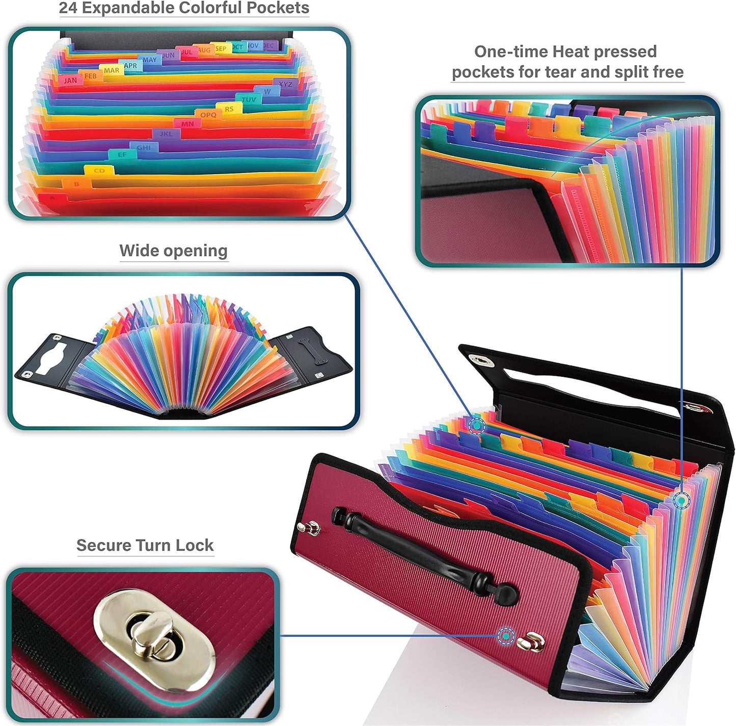 CNK Accordion File Folders with 24 Pockets Organizer for Document Paper Storage Folder Documents Expanding Binder Folio Pocket Receipt Filing Expandable Files Dividers Labels Letter Durable Handle