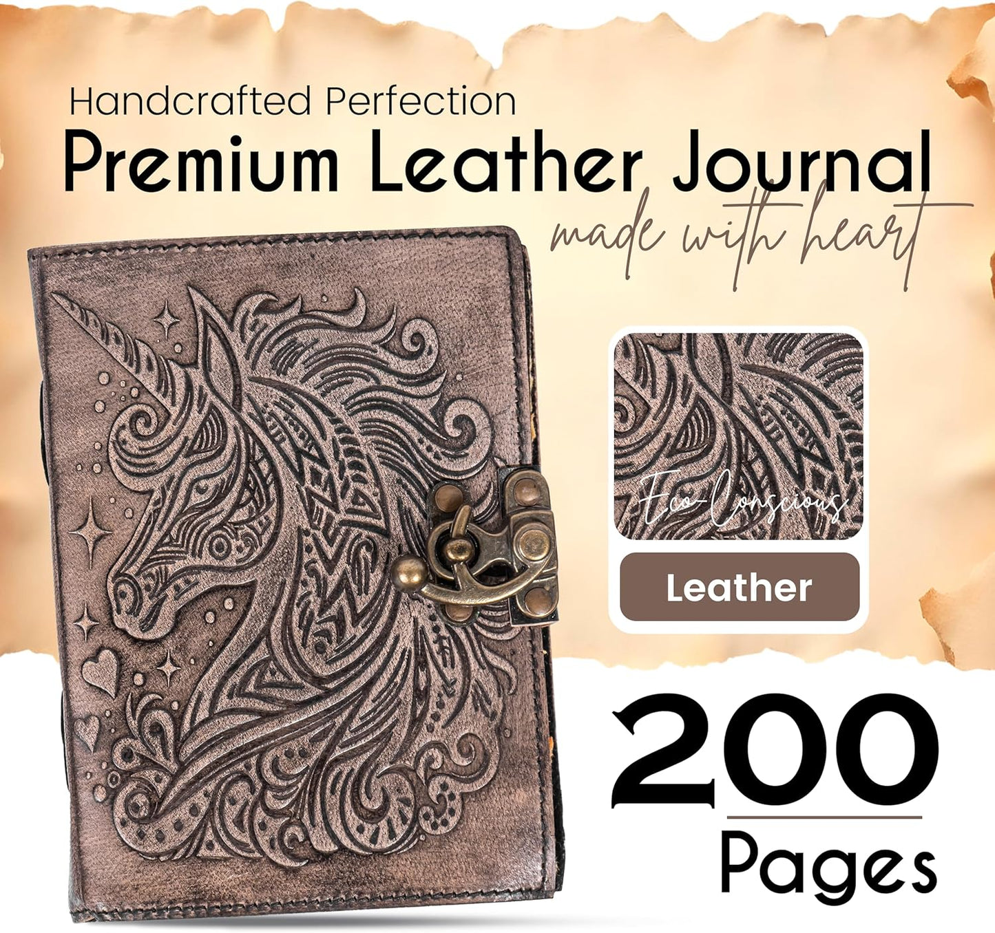 Unicorn Notebook of Shadows Leather Bound Journal with Vintage Clasp Lock – 200 Page Antique Deckle Edge Leather Notebook – Aesthetic Unicorn Journal Daily Diary for Men & Women