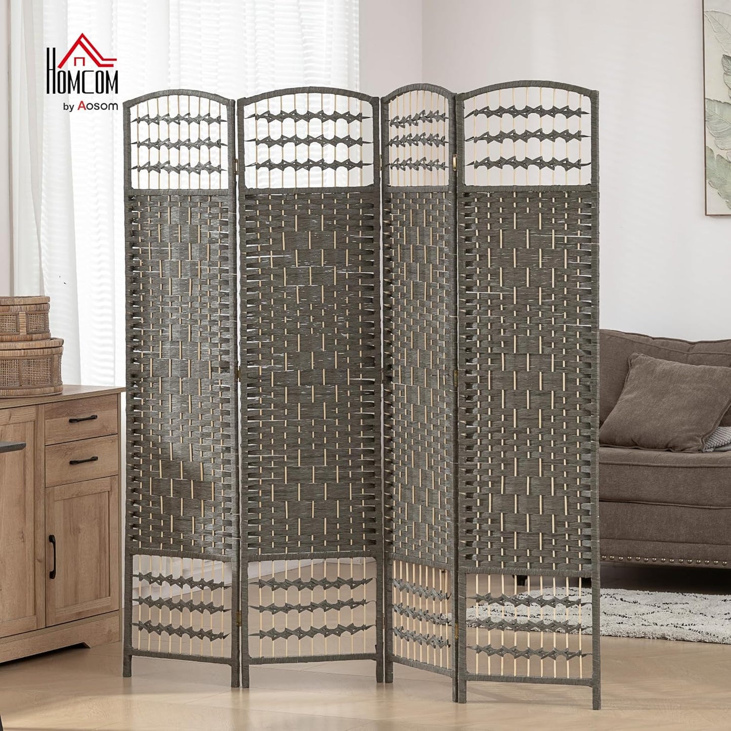 HOMCOM 4 Panel Room Divider, Folding Privacy Screen, 5.6' Room Separator, Wave Fiber Freestanding Partition Wall Divider, Dark Gray
