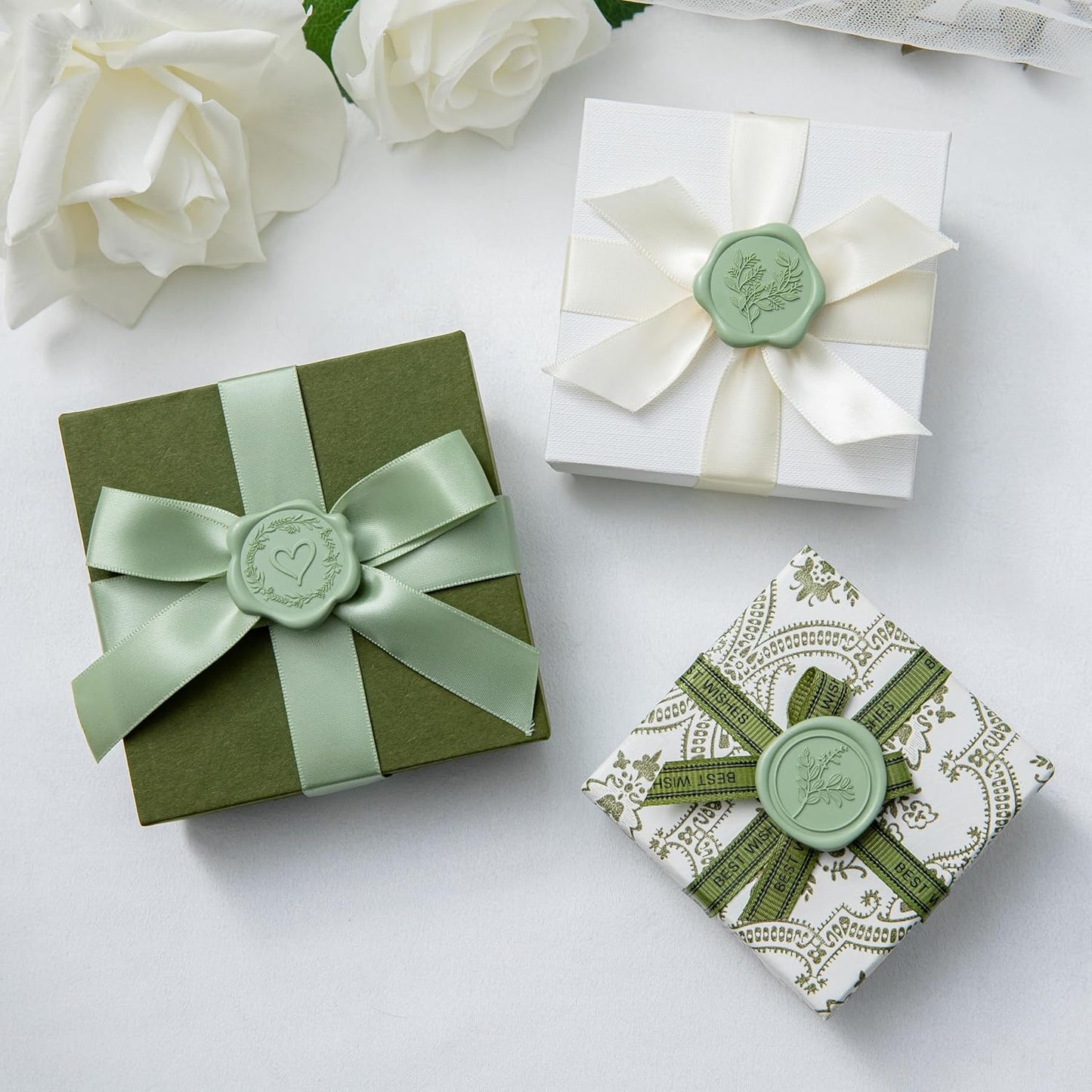 60 Pcs Sage Green Wax Seal Stickers Self-Adhesive Envelope Seals Stamp Stickers, Perfect for Wedding Invitations Seating Chart Christmas Gift Wrapping 3 Designs in 1 Pack