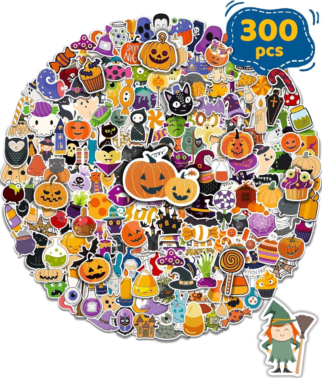 300 PCS Halloween Pumpkin Stickers, Vinyl Waterproof Stickers for Water Bottles Laptop Skateboard Computer, Halloween Party Favors Gifts Funny for Kids Teens Adults