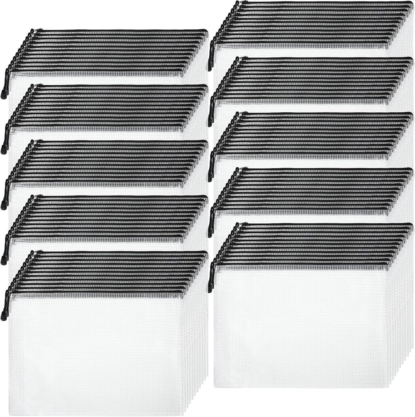 200 Pcs A4 Mesh Zipper Pouch Bulk Waterproof Mesh Zipper Organizer Plastic File Folder Case for School Office Supplies Document Board Games Puzzle(Black)