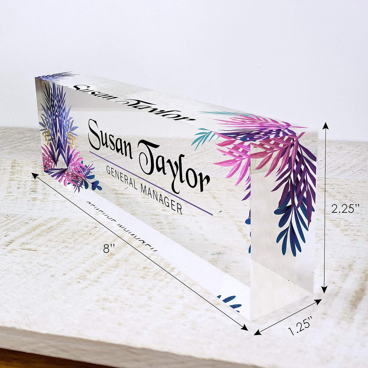 Artblox Office Desk Name Plate Personalized | Custom Name Plates for Desks | Leaf Purple Design On Clear Acrylic Glass | Office Desk Decor - (8" x 2.5")