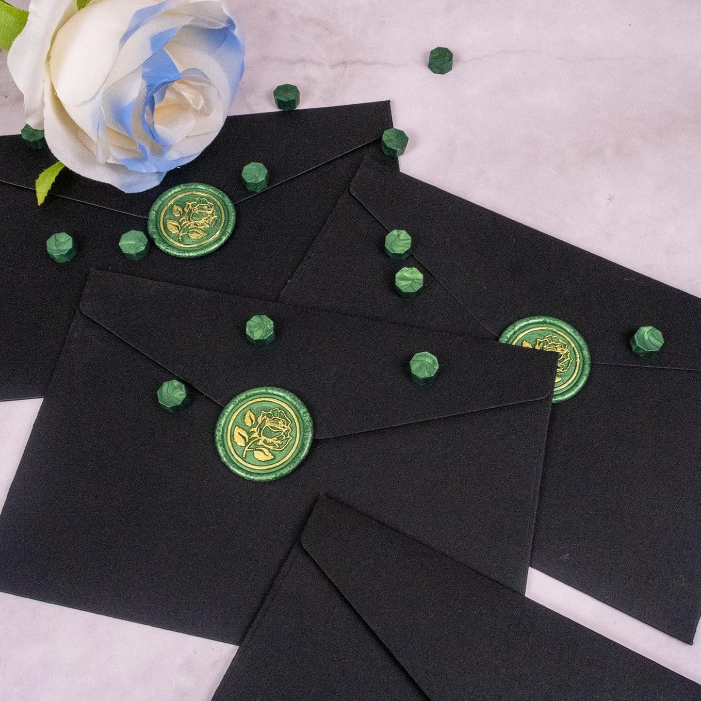 25Pcs Gold & Green Wax Seal Stickers - Handmade Envelope Seals, Self-Adhesive Wax Stickers for Wedding Party Invitations, Envelope, Gift Wrap, Christmas (Gold Rose Style, Green)