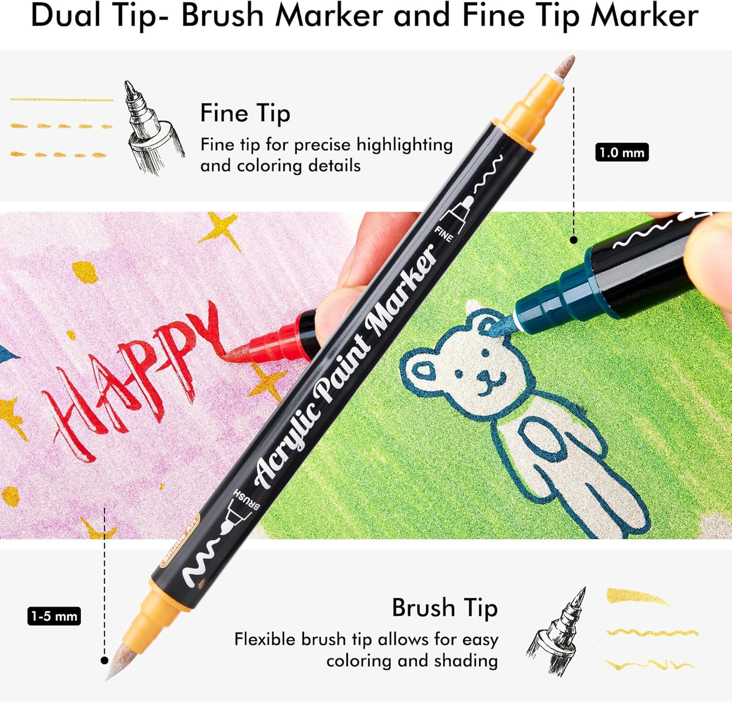 28 Metallic Colors Dual Tip Acrylic Paint Markers, Brush Tip and Fine Tip Acrylic Paint Pens for Rock Painting, Ceramic, Wood, Canvas, Plastic, Glass, Stone, Calligraphy, Card Making, DIY Crafts