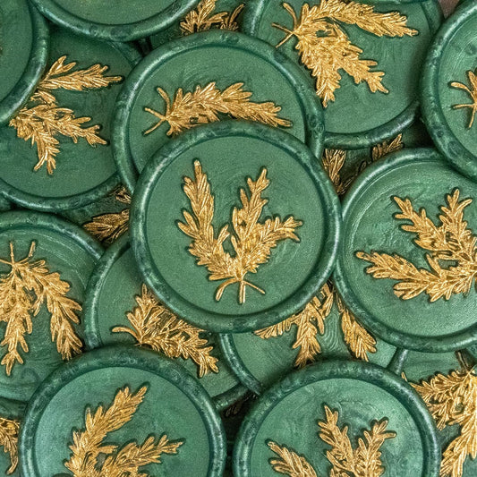 50Pcs Gold & Green Wax Seal Stickers - Handmade Envelope Seals, Self-Adhesive Wax Stickers for Wedding Party Invitations, Envelope, Gift Wrap, Christmas (Gold Rosemary Style, Green)