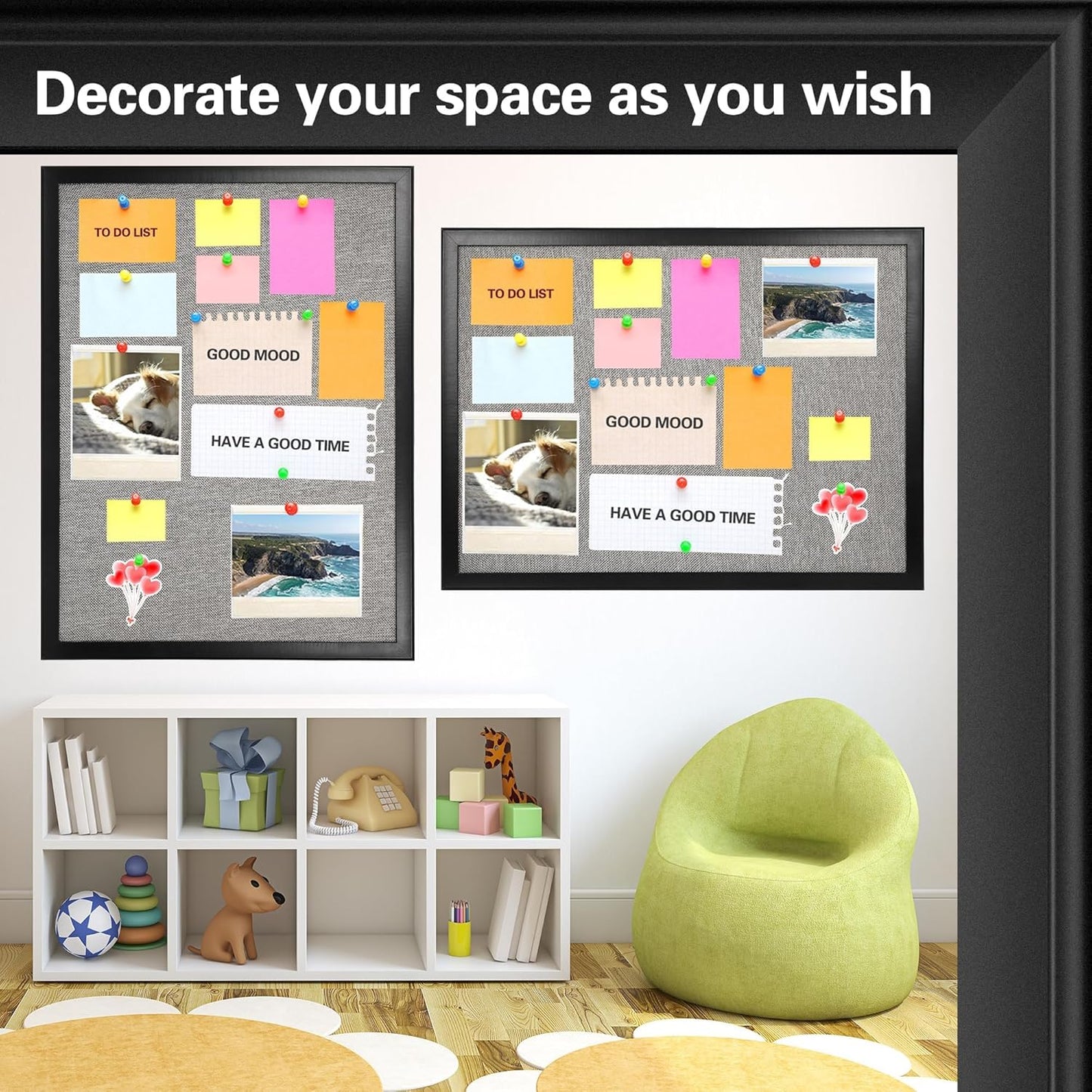 SHANTRA 36 x 24 Inch Bulletin Board with Grey Fabric, Wood Framed Canvas Cork Board, Corkboard for Walls with 10 Pins, Decorative Vision Board, Wall Mounted Notice Board for Home, Office, School