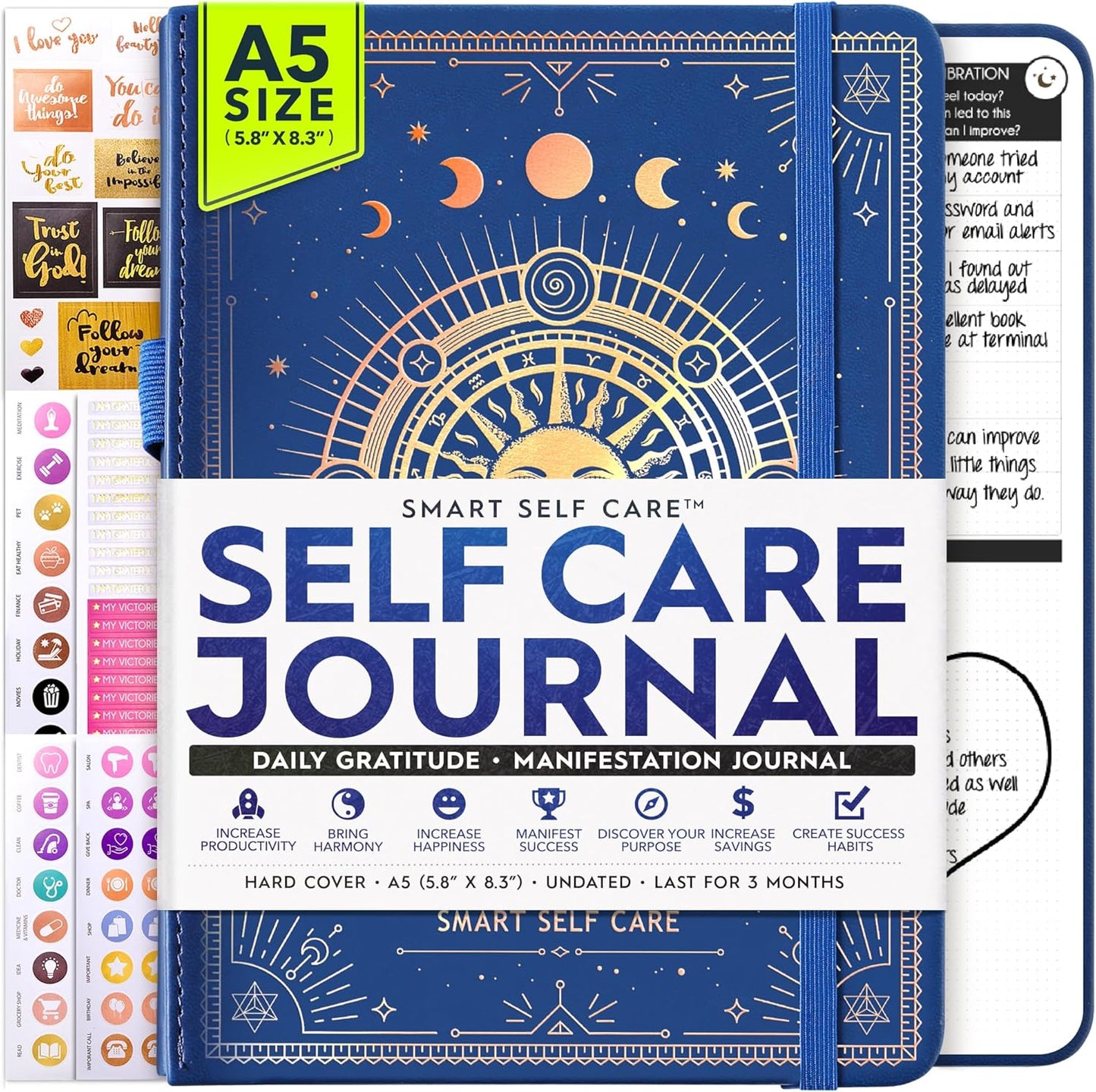 Self Care Journal - 5 Minute Mental Health & Manifestation Journal | 90-Day Undated Daily Planner for Positivity, Affirmations & Gratitude | Guided Mindfulness, Reflection | Vision Board + Stickers