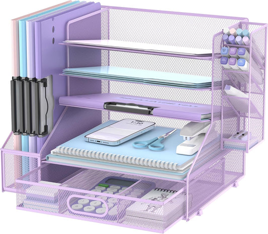 DALTACK Mesh Desk Organizer, 5-Tier Paper Letter Tray with File Holder & Pen Holder & Sliding Drawer, Desktop Organizer and Storage for Desk Accessories Office Supplies, Purple