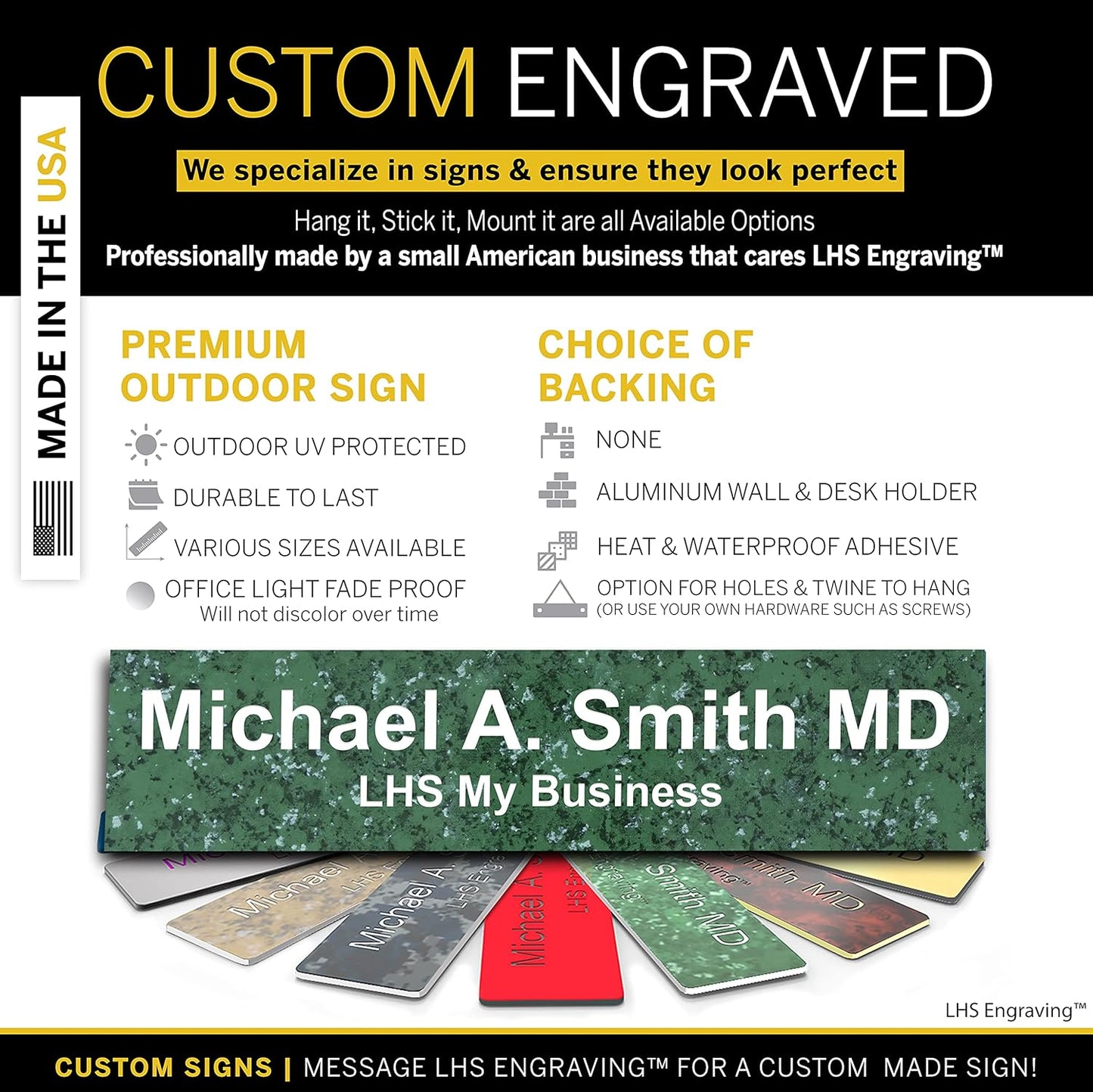 Engraved Name Plates for Door Sign Personalized Green Marble Plastic Plaque with White Letters - Made in USA 2x10 S4