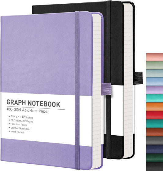 RETTACY Graph Grid Paper Notebook, 2-Pack, 192 Pages per Pack, A5 Medium Size (5.7'' x 8.3''), Leather Hardcover, 100 GSM Thick Paper, for School, Students, Math, Engineering (Black & Purple)