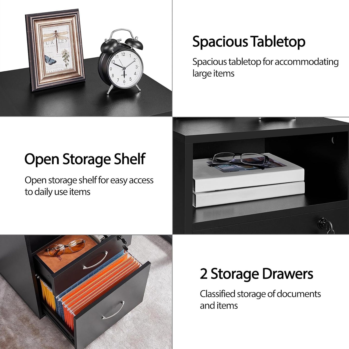 Yaheetech File Cabinet, Under Desk Vertical Cabinet with 2 Drawers and Open Compartment, Printer Stand with Lockable Wheels for A4 Letter Size Hangable File Folders for Home Office(Black)