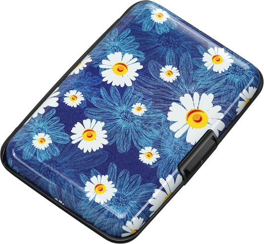ELFISH Mini RFID Aluminum Wallet Credit Cards Holder Business Card Case Metal ID Case for Men Women(White Flower)
