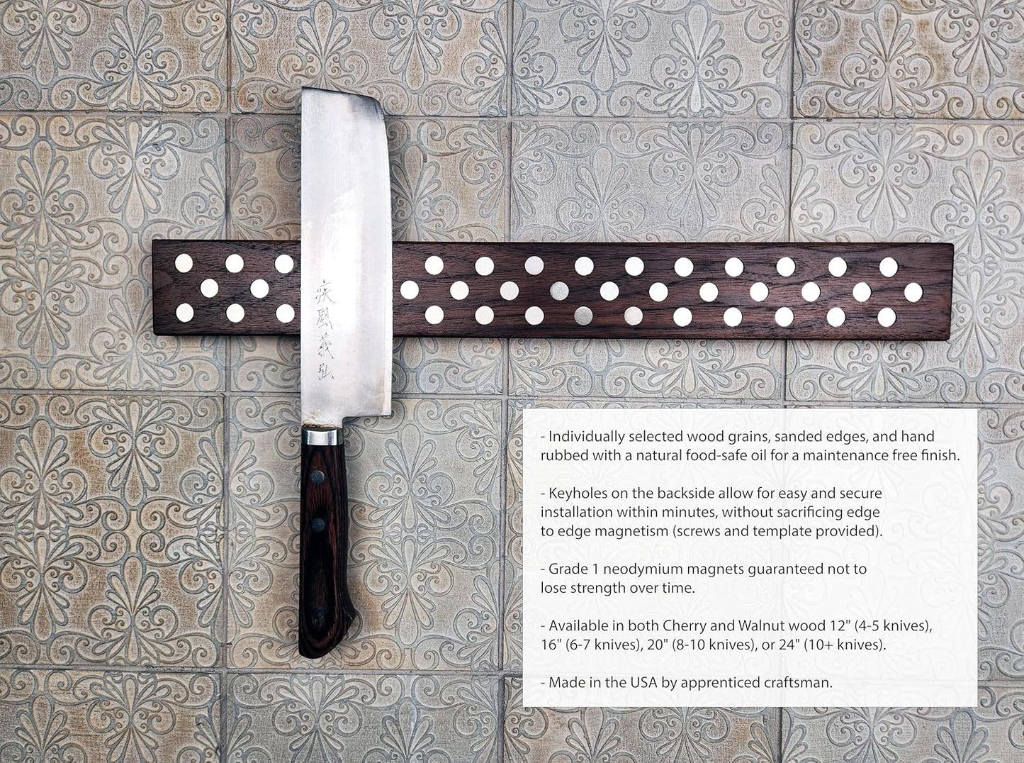 Magnetic Wooden Knife Bar Holder Strip, Cherry or Walnut, 12, 16, 20, or 24 Inch (16 Inch, Walnut)