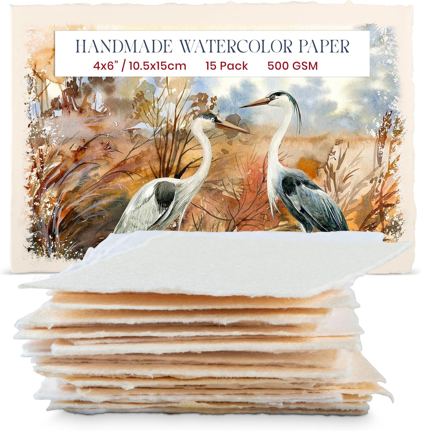 Wanderings Thick Handmade Watercolor Paper with Deckled Edge - 4x6-500GSM Premium Ivory Cold-Pressed Textured Mixed Media Paper Made with Recycled Cotton - 15 Loose Leaf Sheets