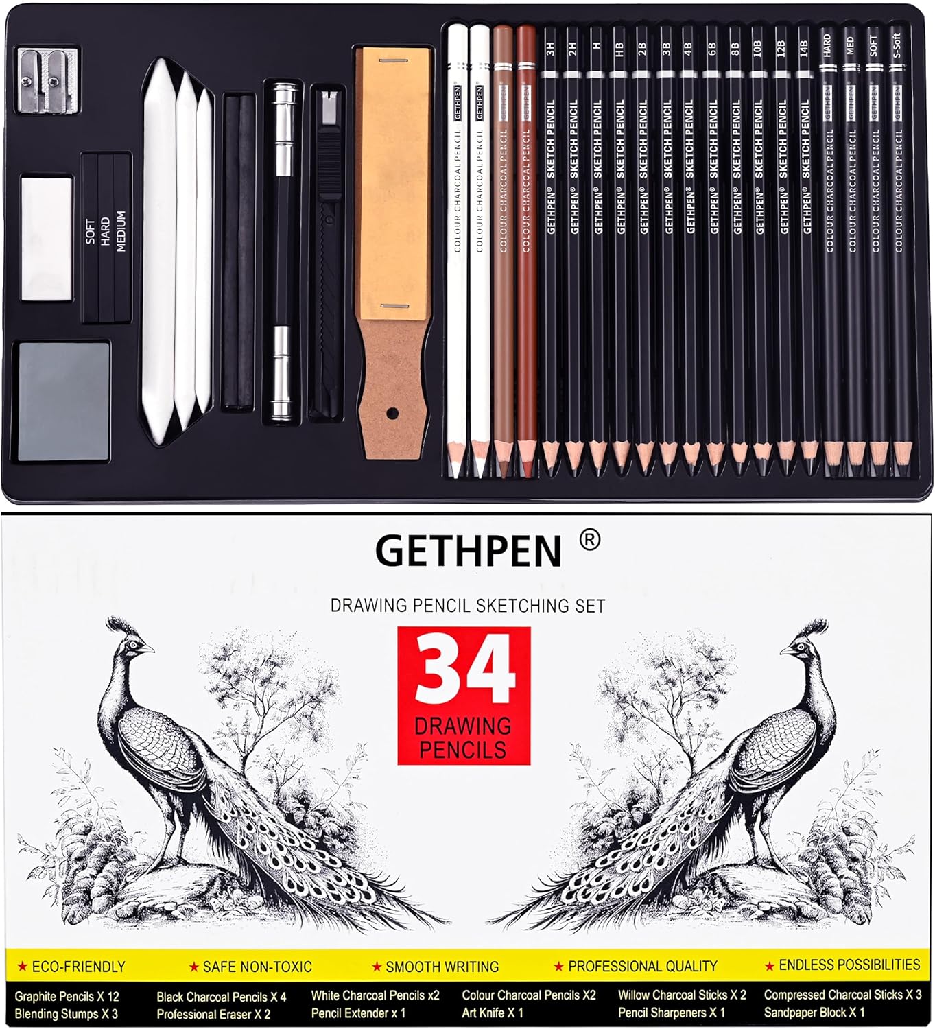 Sketch Pencils for Drawing,34 Pcs,Graphite Pencil (14B-4H), Charcoal Pencil,With Graphite Sticks, Erasers and Sharpener, Art Pencils for Sketching,Artist Set for Beginners and Professionals