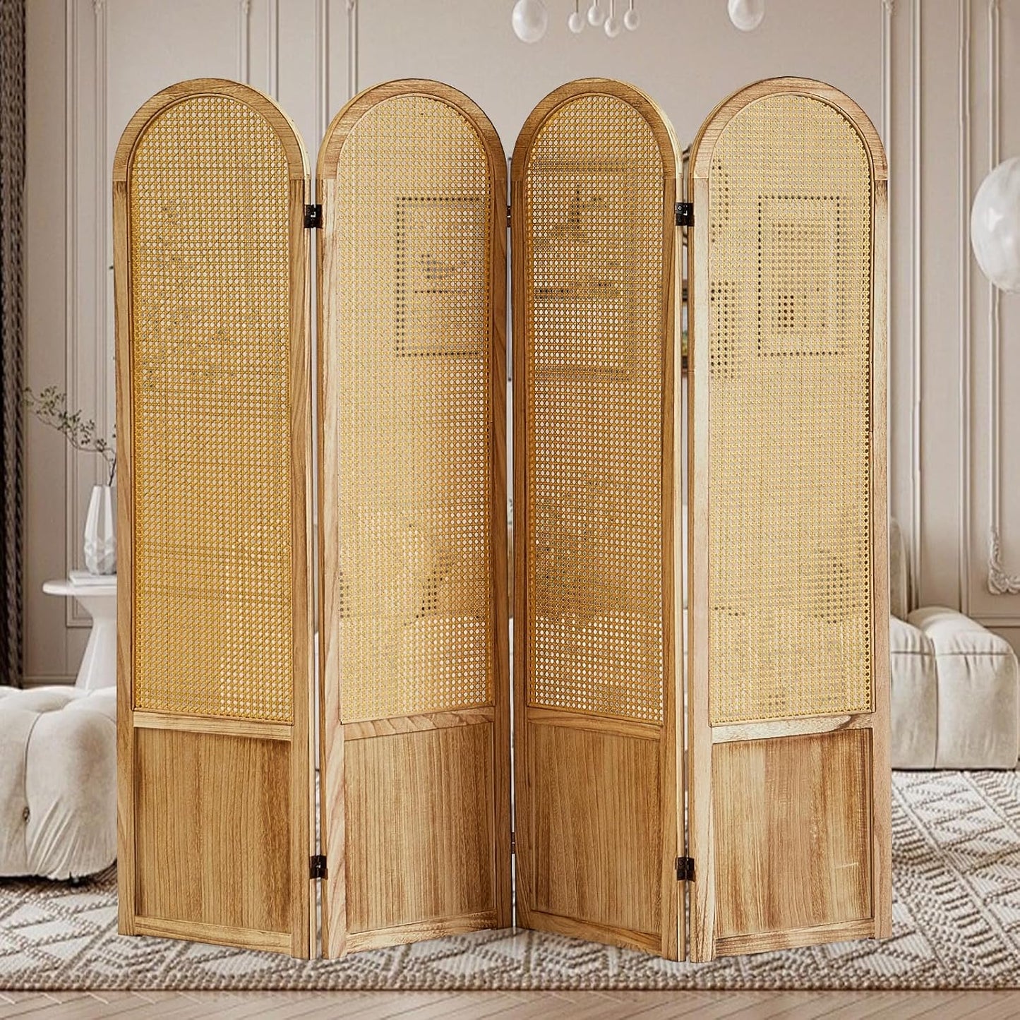 4 Panel Rattan Room Divier, Room Divider Panel and Folding Privacy Screens, Room Divider Wall, Solid Wood Frame, Partition Room Dividers, Bedroom, Dining Room, Lounge, Light Brown