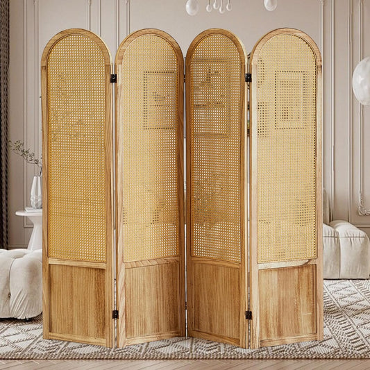 4 Panel Rattan Room Divier, Room Divider Panel and Folding Privacy Screens, Room Divider Wall, Solid Wood Frame, Partition Room Dividers, Bedroom, Dining Room, Lounge, Light Brown