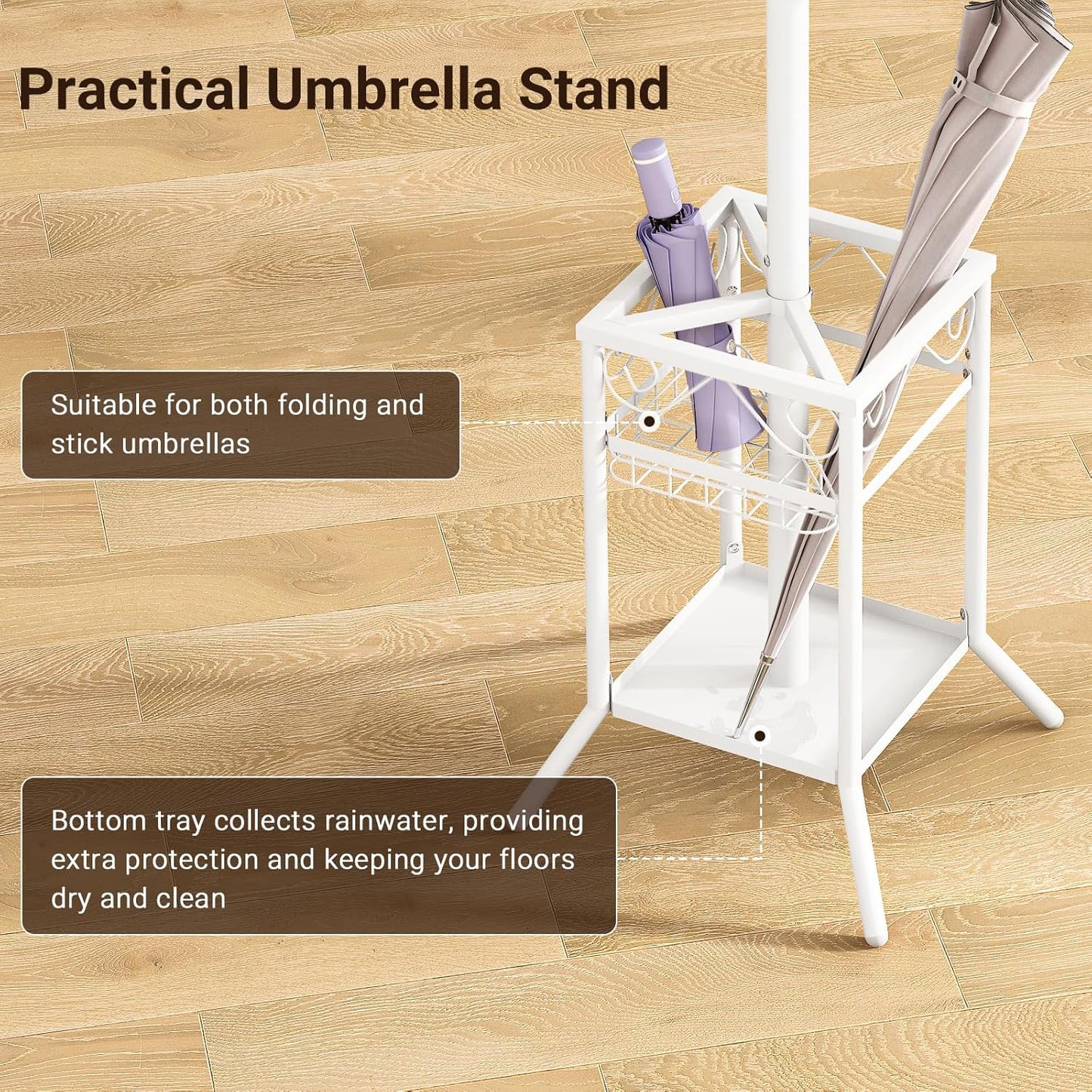 ELYKEN Coat Rack Freestanding with Umbrella Holder, Coat Tree with 12 Hooks, Coat Hanger Stand for Entryway, Metal Coat Rack Hat Rack Stand for Living Room Bedroom Office, White