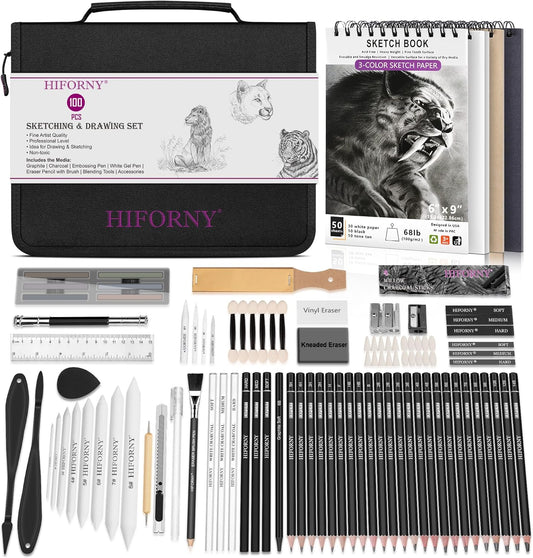 HIFORNY 100 PCS Drawing Set Sketching Kit,Sketch Pencils Art Supplies with Graphite,Charcoal,Blending Tools & Accessories,Portable Zippered Travel Case for Artists & Beginners