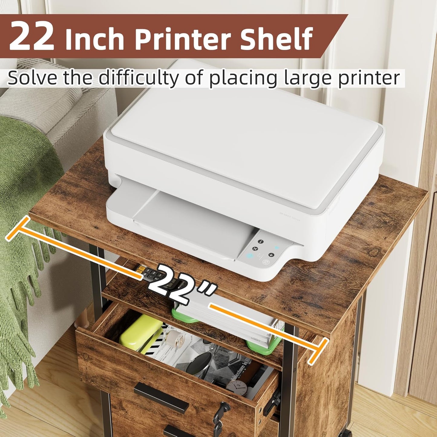 2 Wood Drawer Lockable File Cabinet with 22'' Extended Desktop, Mobile Filing Cabinet with Side Bag, Rolling Printer Stand, Fits A4&Letter Size, Home Office, Rustic Brown