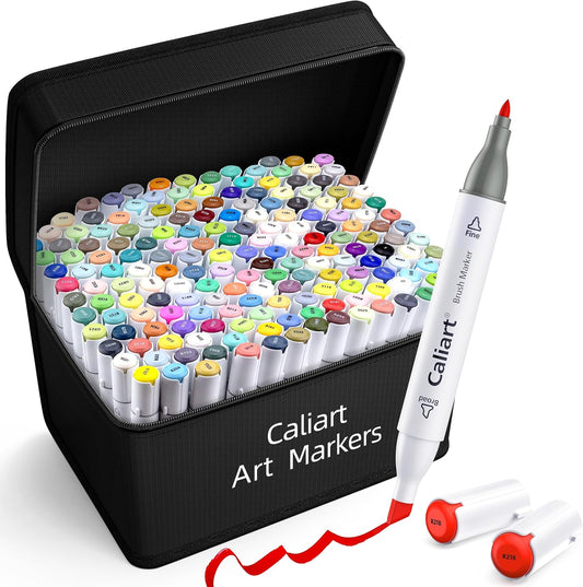 Caliart 180 Colors Fine & Chisel Alcohol Markers for Adult Coloring Book, Dual Tip Artist Sketch Art Markers, Aesthetic Cute Preppy Stuff School Supplies, Pens for Lettering Drawing Cards Planner