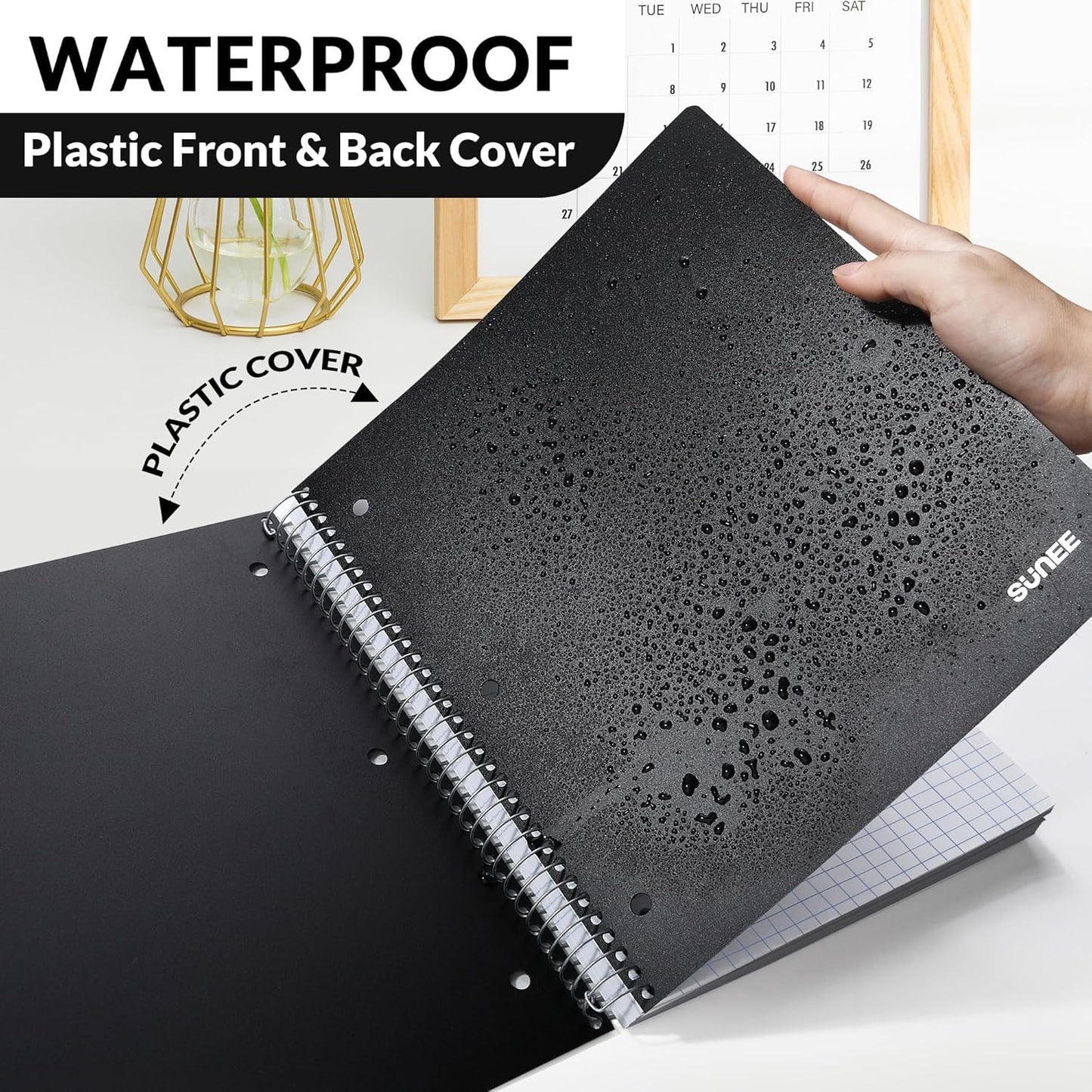 SUNEE 5 Subject Graph Paper Notebook - 400 Pages, 9"x11", 4x4 Graph Ruled Notebook, 5 Pocket Colored Dividers, 3-Hole Punched Paper, Black