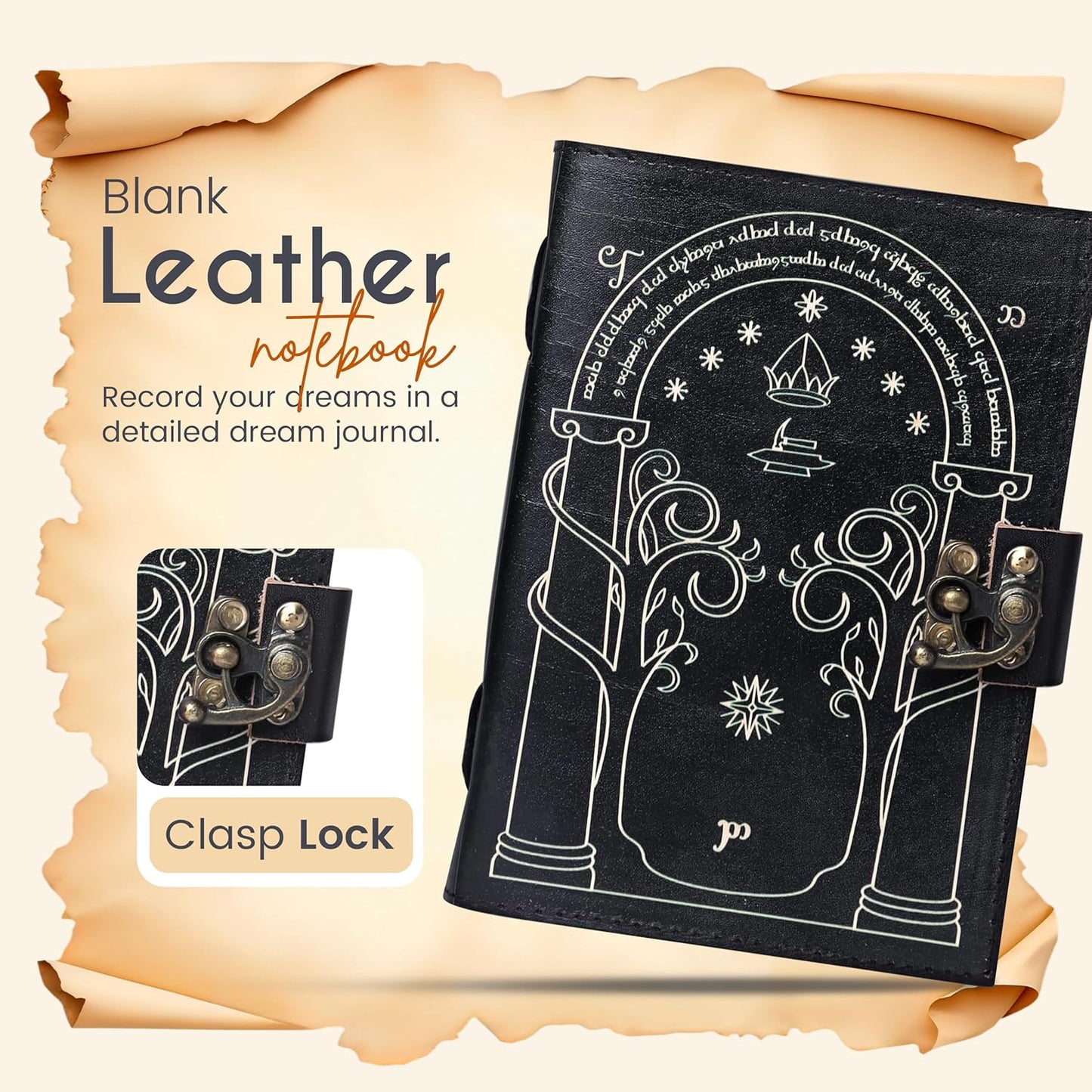 Black Doors of Durin Leather Journal – Book of Shadows Grimoire with Vintage Clasp Lock – Tolkien Lord of the Rings Inspired, 200 Page Antique Deckle Edge Vintage Leather Notebook