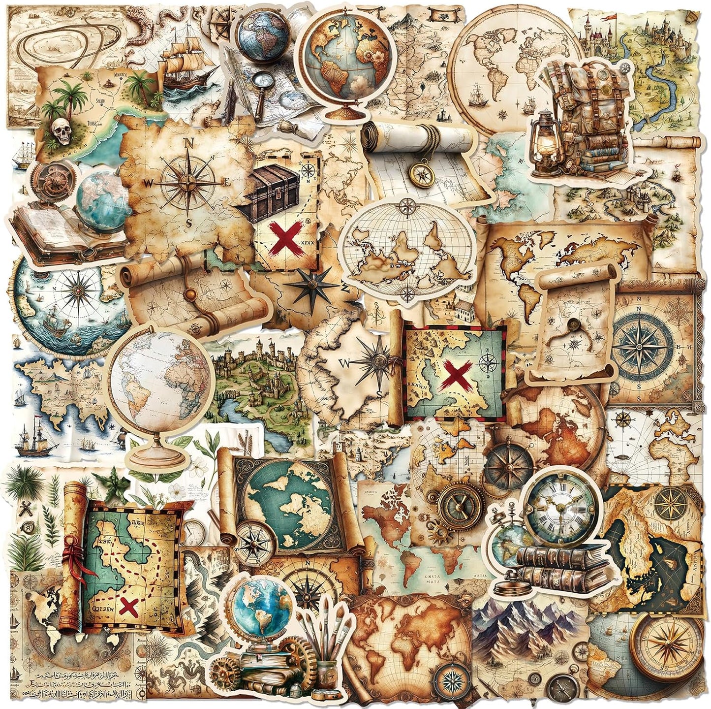 PRSTINCOL 100Pcs Vintage Sticker Pack,Cute Map Design Scrapbook Supplies, Vintage Aesthetic Junk Journal Accessories, Waterproof Vinyl Stickers for Water Bottles, Planners, Journals