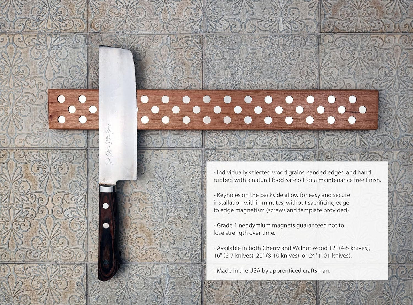 Magnetic Wooden Knife Bar Holder Strip, Cherry or Walnut, 12, 16, 20, or 24 Inch (24 Inch, Cherry)