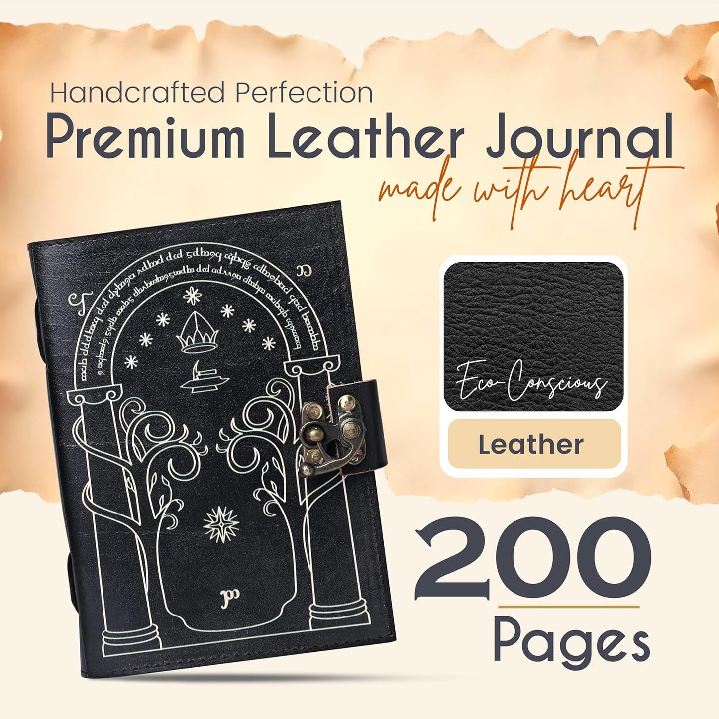 Black Doors of Durin Leather Journal – Book of Shadows Grimoire with Vintage Clasp Lock – Tolkien Lord of the Rings Inspired, 200 Page Antique Deckle Edge Vintage Leather Notebook