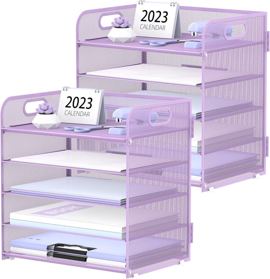 2 Pack 5-Tier Purple Desk Organizer with Handle Mesh Desk File/Paper Organizer Letter Tray for Office, School and Home Easy Installation Purple Office Supplies