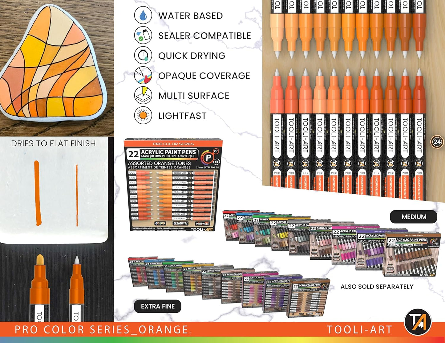 Acrylic Paint Pens 22 Orange Tones Assorted Pro Color Series Markers Set 0.7mm Extra Fine Tip for Rock Painting, Glass, Mugs, Wood, Metal, Canvas, Projects, Non Toxic, Waterbased, Quick Drying