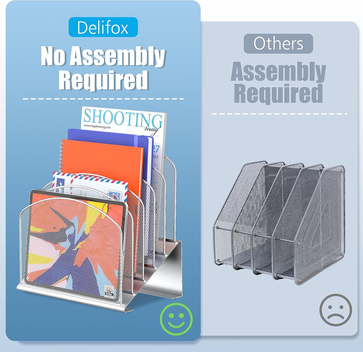 Inclined Desk File Organizer, 5-Section Vertical File Folder Holder Stand Metal Rack File Sorter for Office Classroom Desktop Organization (Silver, 1Pack)