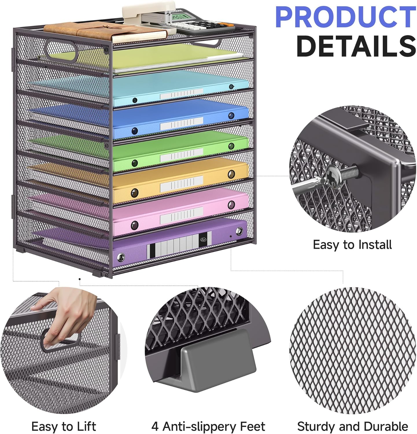 8 Tier Paper Organizer with Handle, Metal Mesh Desk File Organizer, Large Capacity Desk Organizers Paper Letter Tray Desktop Document Sorter for Office, Home or School-Grey